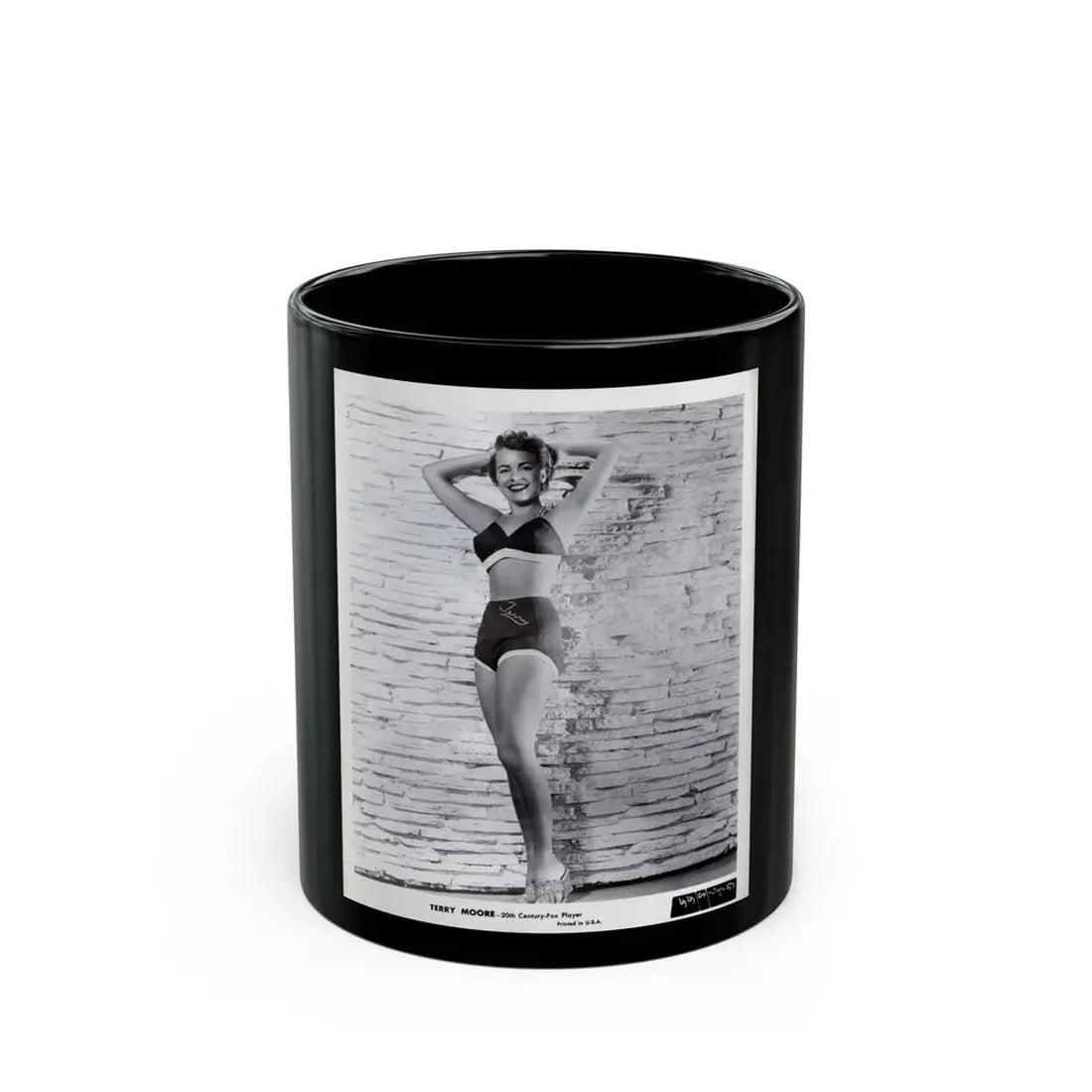 Terry Moore #709 - 8x10 1953 2-Piece B&W Full Body Swimsuit Cheesecake Photo from 20th Century Fox Photo Shoot1 (Vintage Female Icon) Black Coffee Mug 11oz - Go Mug Yourself