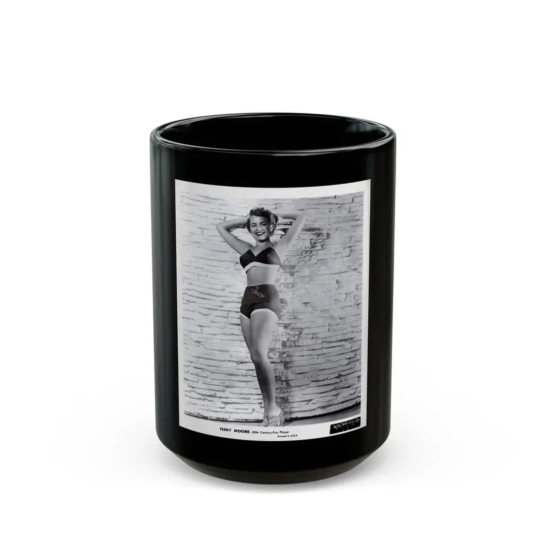 Terry Moore #709 - 8x10 1953 2-Piece B&W Full Body Swimsuit Cheesecake Photo from 20th Century Fox Photo Shoot1 (Vintage Female Icon) Black Coffee Mug 15oz - Go Mug Yourself