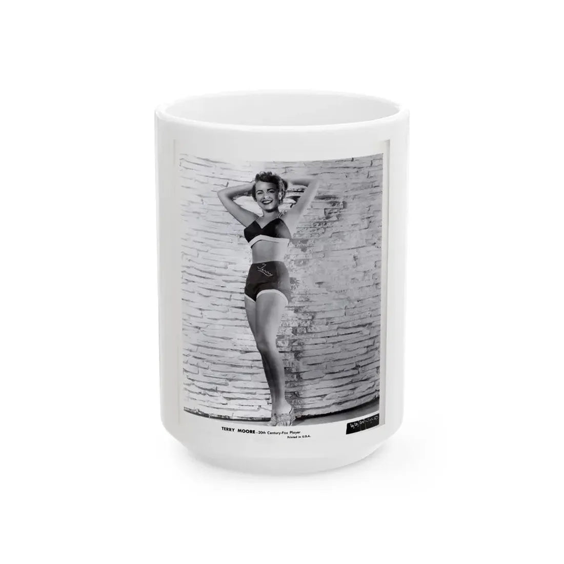 Terry Moore #709 - 8x10 1953 2-Piece B&W Full Body Swimsuit Cheesecake Photo from 20th Century Fox Photo Shoot1 (Vintage Female Icon) White Coffee Mug 15oz - Go Mug Yourself