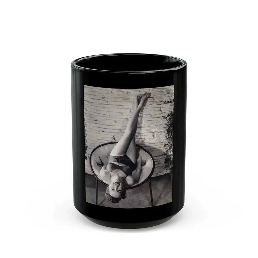 Terry Moore #711 - Vintage 1953 2-Piece B&W Full Body Barefoot Swimsuit Cheesecake Photo from 20th Century Fox Photo Shoot (Vintage Female Icon) Black Coffee Mug 15oz - Go Mug Yourself