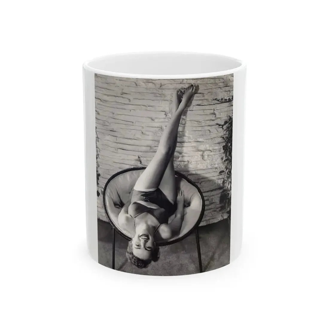 Terry Moore #711 - Vintage 1953 2-Piece B&W Full Body Barefoot Swimsuit Cheesecake Photo from 20th Century Fox Photo Shoot (Vintage Female Icon) White Coffee Mug 11oz - Go Mug Yourself