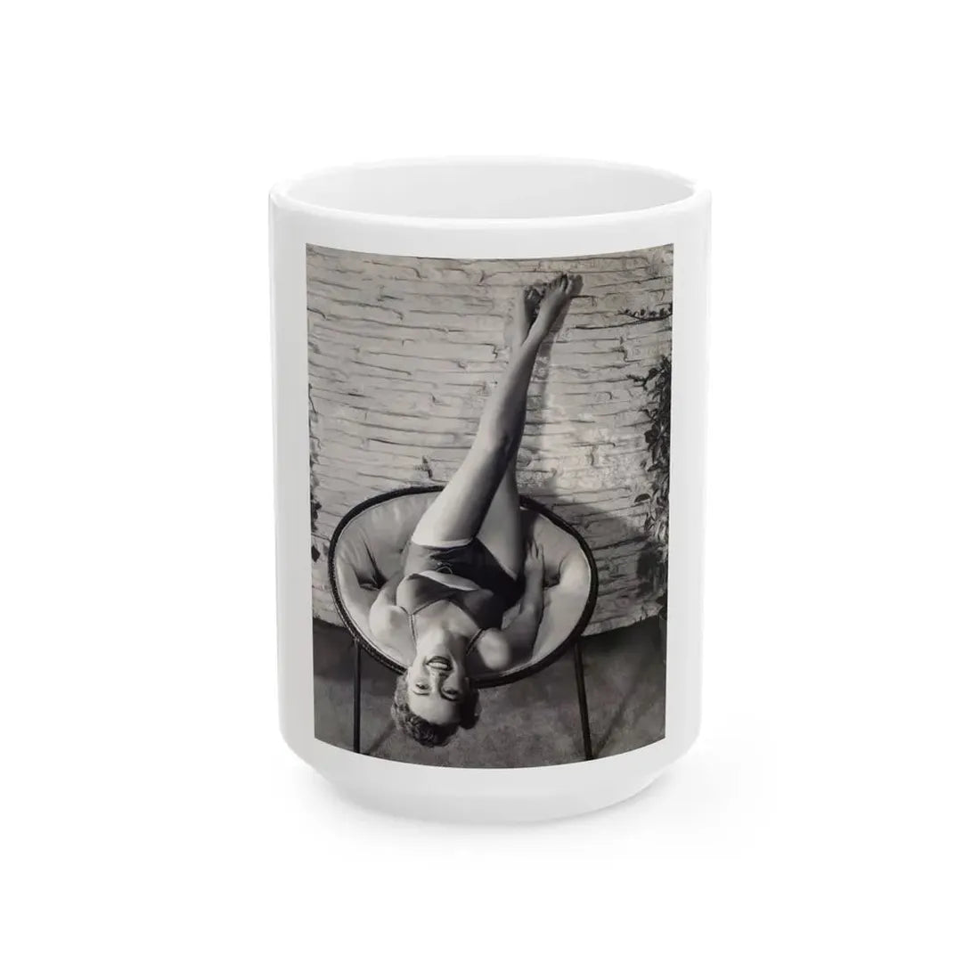 Terry Moore #711 - Vintage 1953 2-Piece B&W Full Body Barefoot Swimsuit Cheesecake Photo from 20th Century Fox Photo Shoot (Vintage Female Icon) White Coffee Mug 15oz - Go Mug Yourself