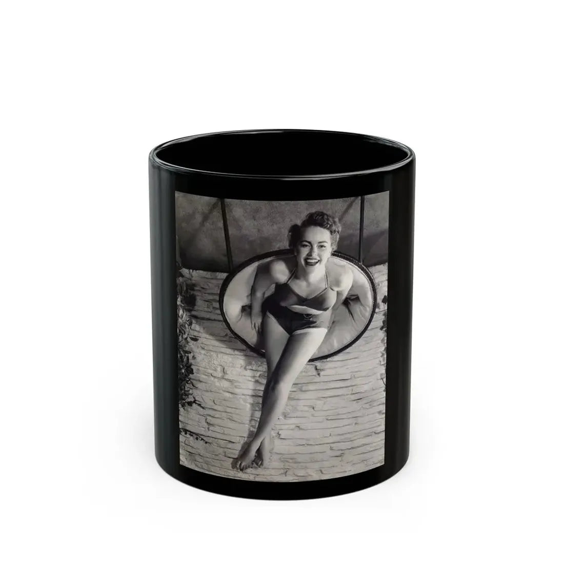 Terry Moore #732 - 8x10 1953 B&W Two Piece Full Body Swimsuit Barefoot Cheesecake Photo from 20th Century Fox Photo Shoot (Vintage Female Icon) Black Coffee Mug 11oz - Go Mug Yourself