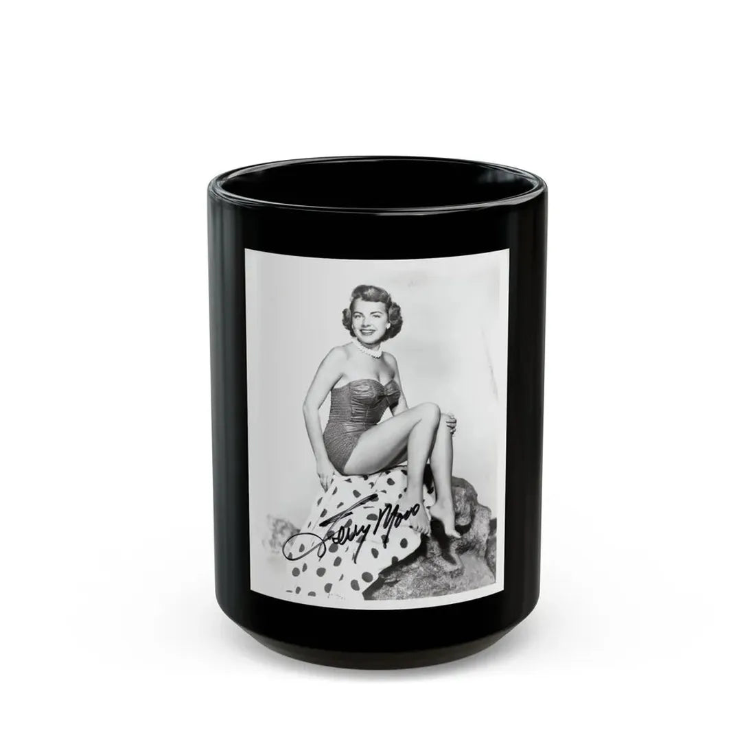Terry Moore #744 - 8x10 B&W Full Body 1-Piece Swimsuit Cheesecake Photo signed from 1954 (Vintage Female Icon) Black Coffee Mug 15oz - Go Mug Yourself