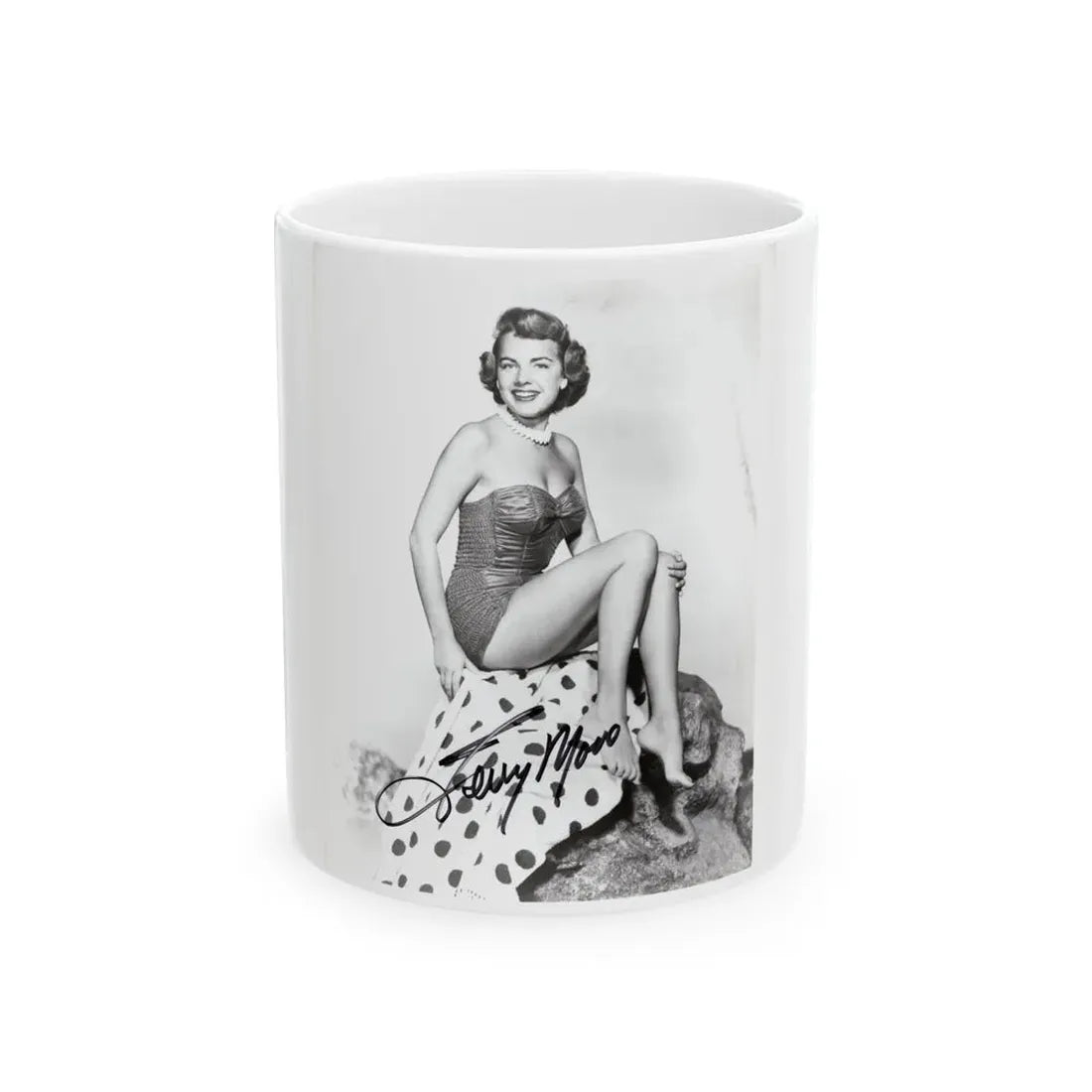 Terry Moore #744 - 8x10 B&W Full Body 1-Piece Swimsuit Cheesecake Photo signed from 1954 (Vintage Female Icon) White Coffee Mug 11oz - Go Mug Yourself