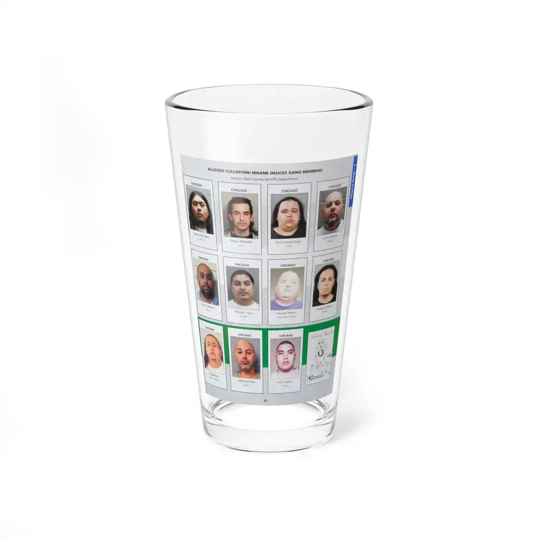 The Chicago Gang Book Page 49 - Insane and Cullerton Deuces Members (Lil Mexico, Juice, Goon, Wizard, One Eyes Nelson, Mousey, Malo, Scarface) - Pint Glass 16oz 16oz - Go Mug Yourself