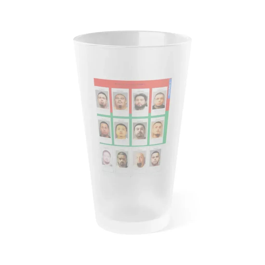 The Chicago Gang Book Page 83 - La Raza Members (Little Monster, Monster, Silent, Twin 8, Twin 4, Cuba, Choco, Creeper, Fat Boy) - Frosted Pint Glass 16oz 16oz Frosted - Go Mug Yourself