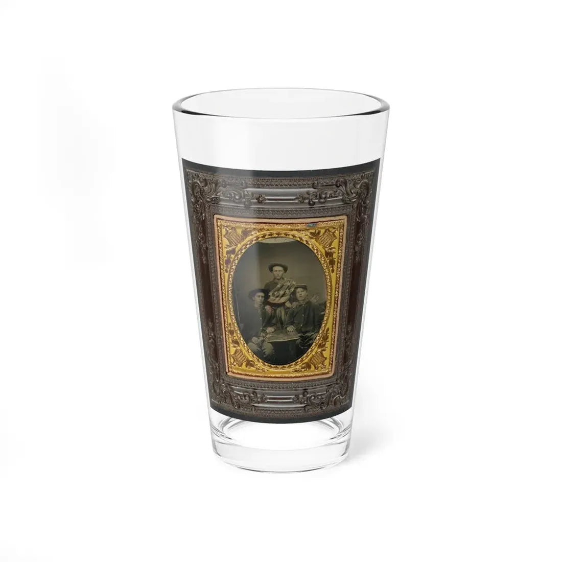 Three Unidentified Soldiers In Front Of Painted Backdrop Showing 34-Star American Flag (U.S. Civil War) Pint Glass 16oz 16oz - Go Mug Yourself
