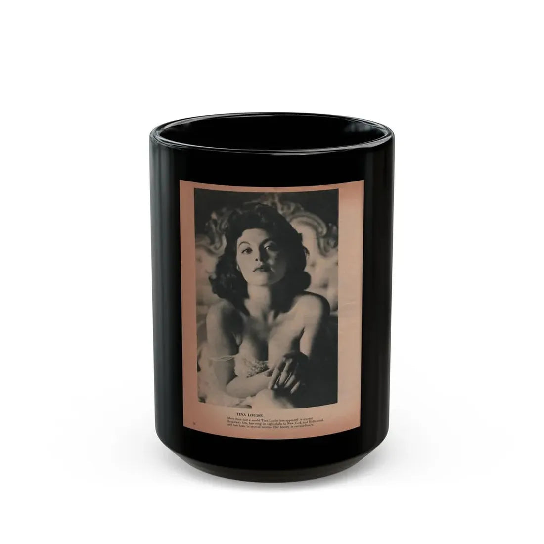 Tina Louise #123 - Bachelor Pin-Ups Issue #01 '57 - 1 B&W Photo, Caption & Brief Article (Vintage Female Icon) Black Coffee Mug 15oz - Go Mug Yourself