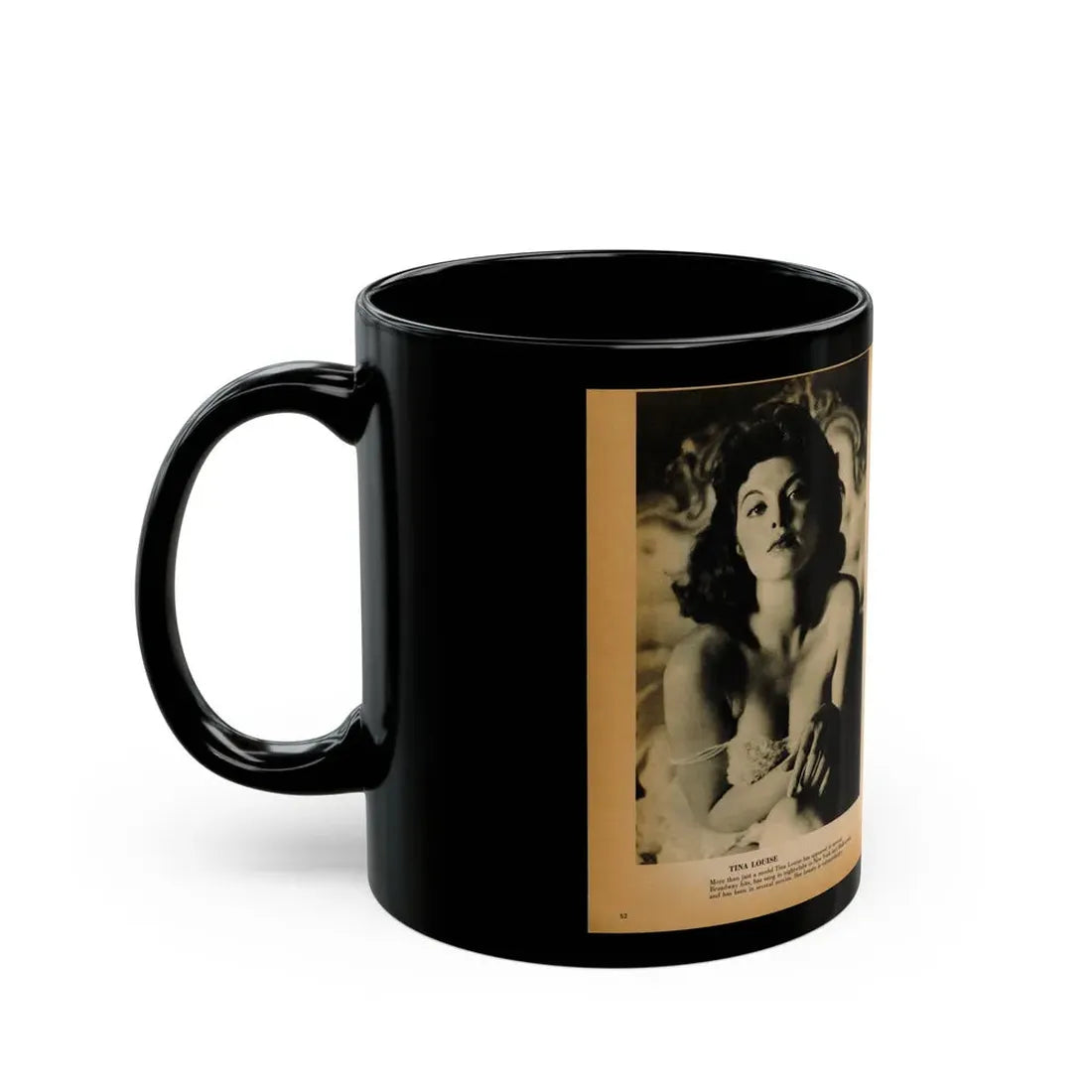 Tina Louise #125 - Bachelor Pin-Ups Issue #01 '57 - 2 Pages, 2 B&W Photos, Caption & Brief Article (Vintage Female Icon) Black Coffee Mug - Go Mug Yourself