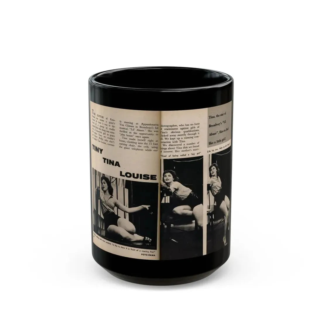 Tina Louise #131 - 2 Pages, 3 B&W Photos, Short Article & Captions from Foto-rama Digest Mag. May '58 (Vintage Female Icon) Black Coffee Mug 15oz - Go Mug Yourself