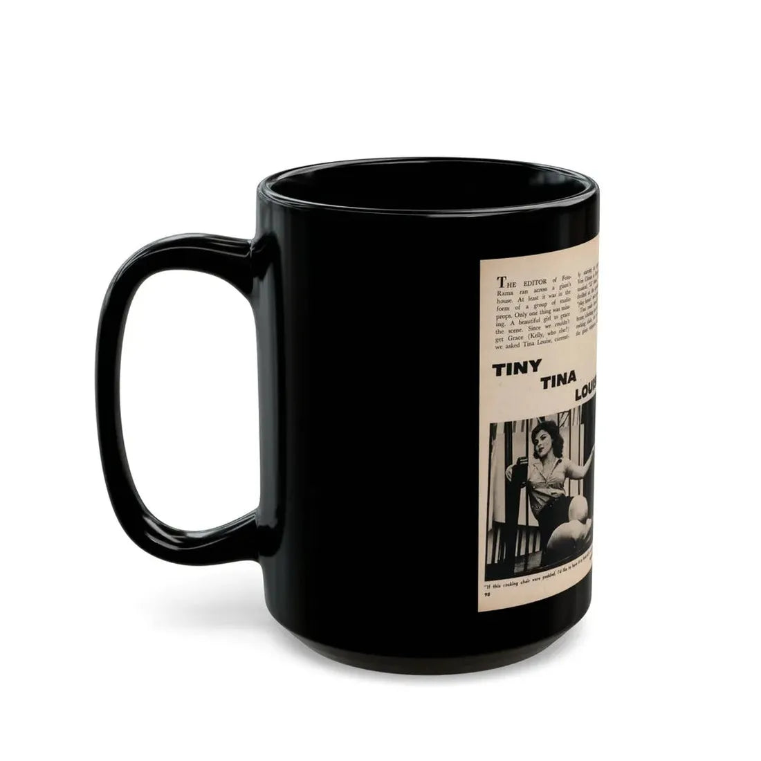 Tina Louise #131 - 2 Pages, 3 B&W Photos, Short Article & Captions from Foto-rama Digest Mag. May '58 (Vintage Female Icon) Black Coffee Mug - Go Mug Yourself