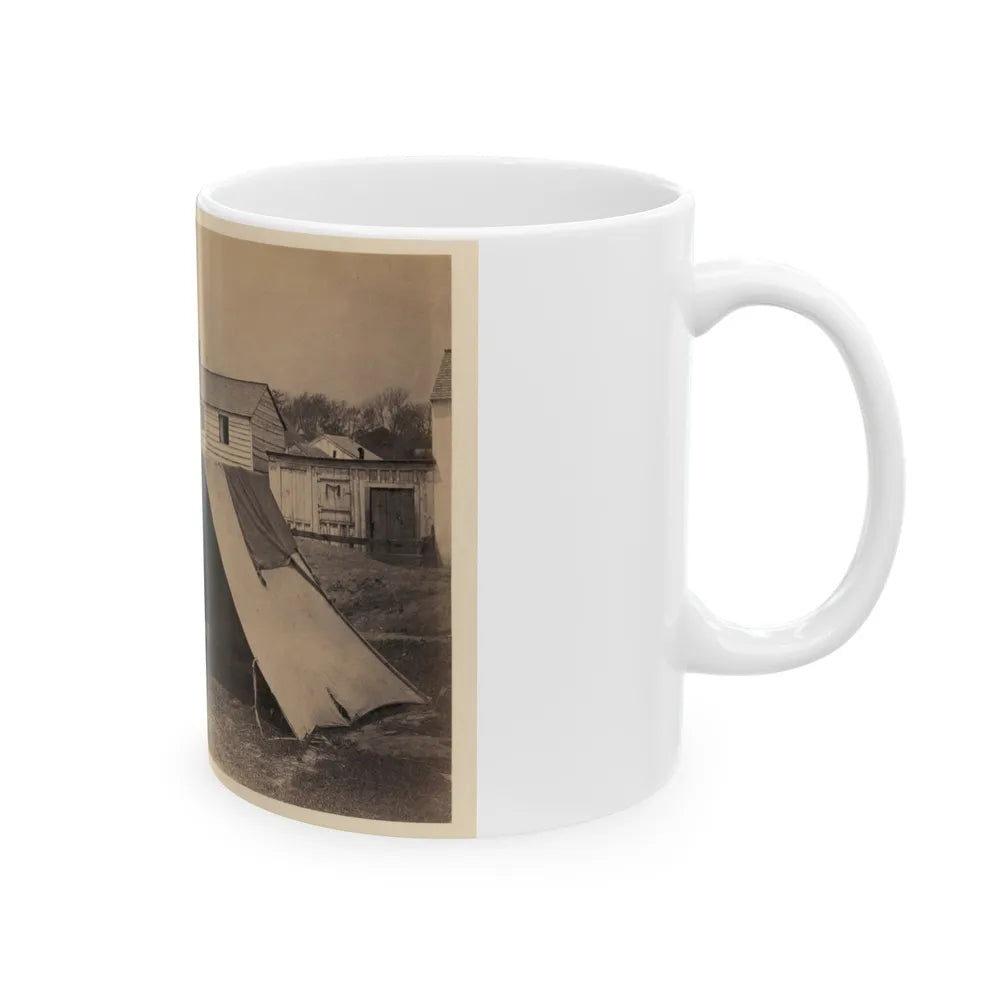 Two Small Tents, With Wood Frame Buildings In The Background (U.S. Civil War) White Coffee Mug-Go Mug Yourself