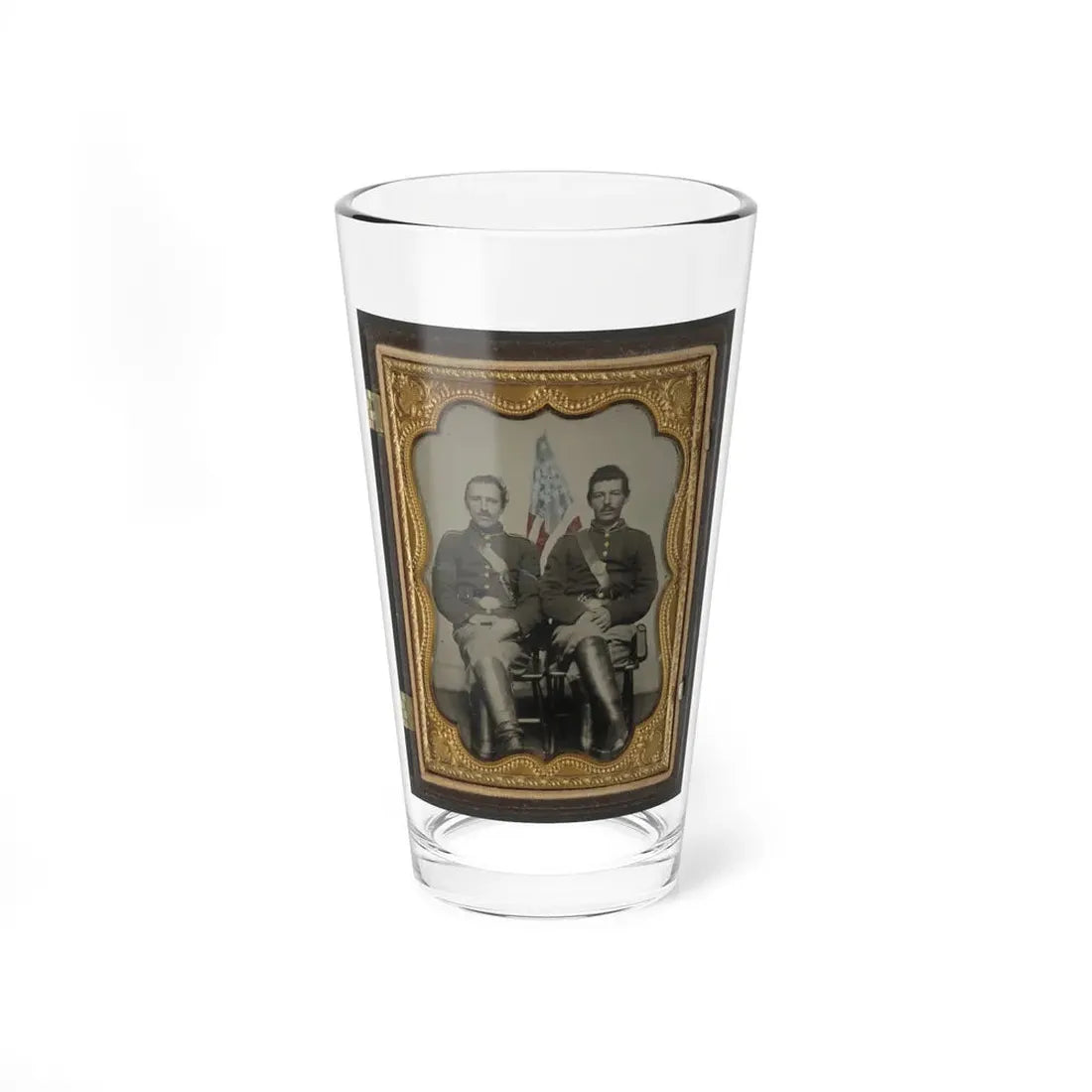 Two Unidentified Soldiers In Union Uniforms In Front Of American Flag (U.S. Civil War) Pint Glass 16oz 16oz - Go Mug Yourself