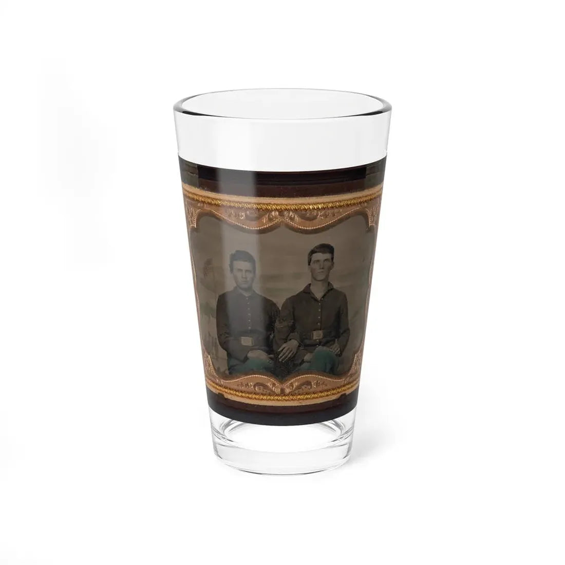Two Unidentified Soldiers In Union Uniforms In Front Of Painted Backdrop Showing Military Camp Scene (U.S. Civil War) Pint Glass 16oz 16oz - Go Mug Yourself