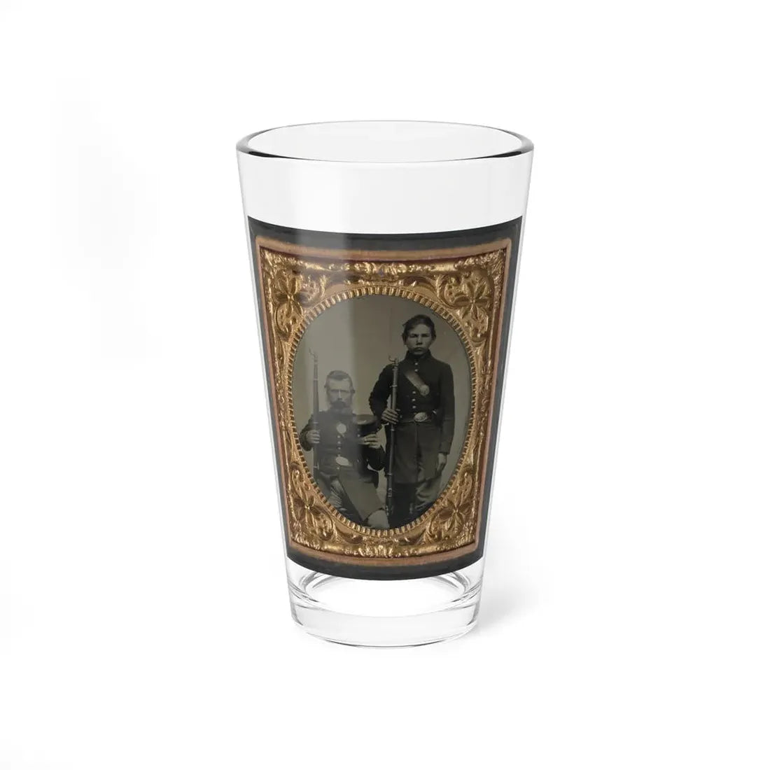 Two Unidentified Soldiers, Possibly Father And Son, In Union Uniforms And U.S. Belt Buckles With Bayoneted Muskets (U.S. Civil War) Pint Glass 16oz 16oz - Go Mug Yourself