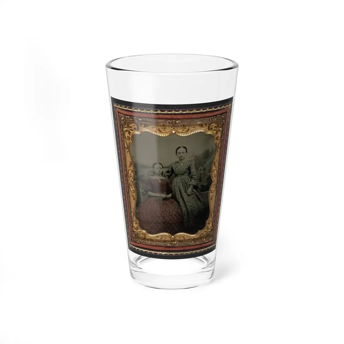 Two Unidentified Young Women Wearing Printed Dresses And Necklaces In Front Of Painted Backdrop Showing Plantation (U.S. Civil War) Pint Glass 16oz 16oz - Go Mug Yourself