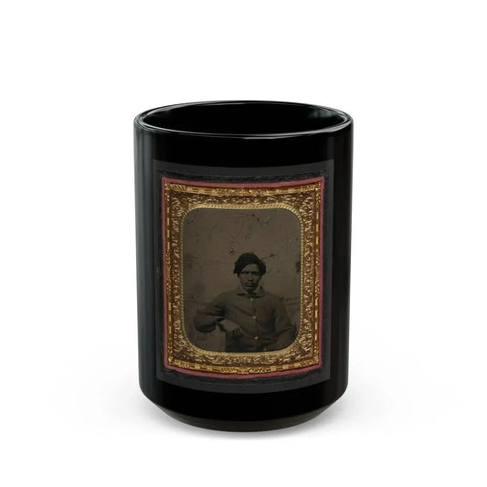 Unidentified African American Soldier In Union Uniform In Front Of Painted Backdrop Showing Landscape (U.S. Civil War) Black Coffee Mug 15oz - Go Mug Yourself