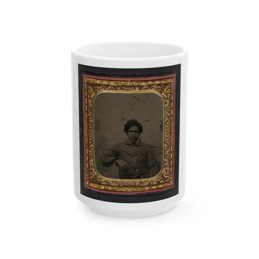 Unidentified African American Soldier In Union Uniform In Front Of Painted Backdrop Showing Landscape (U.S. Civil War) White Coffee Mug 15oz - Go Mug Yourself