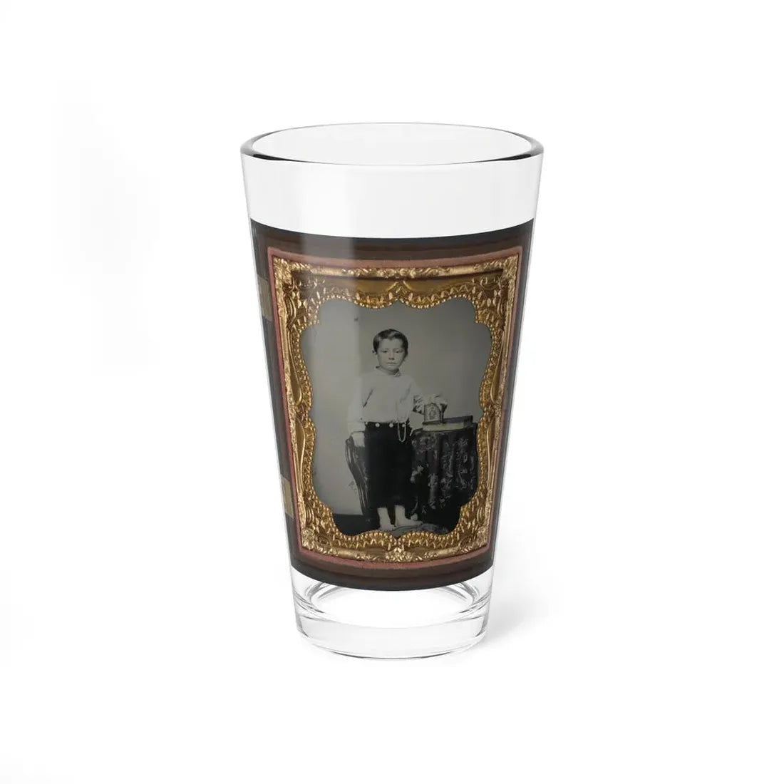 Unidentified Boy Holding Cased Photograph Of Soldier In Confederate Uniform Atop A Bible (U.S. Civil War) Pint Glass 16oz 16oz - Go Mug Yourself