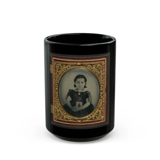 Unidentified Girl In Mourning Dress Holding Framed Photograph Of Her Father As A Cavalryman With Sword And Hardee Hat (U.S. Civil War) Black Coffee Mug 15oz - Go Mug Yourself