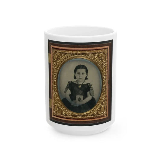 Unidentified Girl In Mourning Dress Holding Framed Photograph Of Her Father As A Cavalryman With Sword And Hardee Hat (U.S. Civil War) White Coffee Mug 15oz - Go Mug Yourself