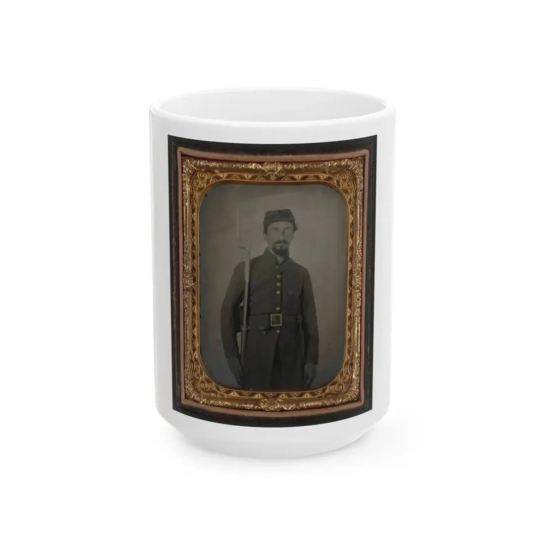 Unidentified Private In Confederate Uniform And Georgia Frame Buckle With Bayoneted Musket (U.S. Civil War) White Coffee Mug 15oz - Go Mug Yourself