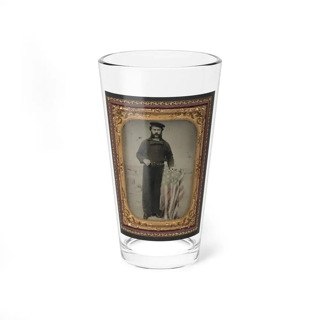 Unidentified Sailor In Union Uniform At American Flag-Draped Table In Front Of Painted Backdrop Showing Naval Ship (U.S. Civil War) Pint Glass 16oz 16oz - Go Mug Yourself