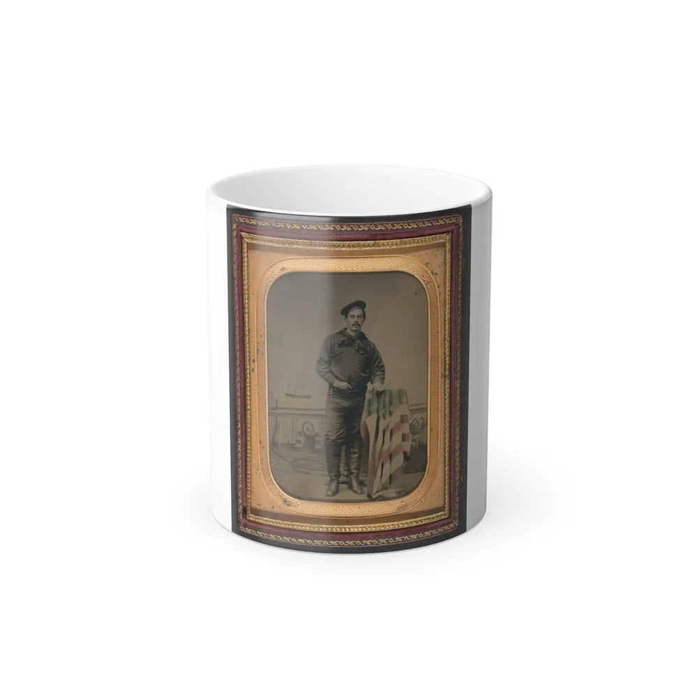 Unidentified Sailor in Union Uniform Resting Hand on American Flag-Draped Table in Front of Painted Backdrop Showing Naval Scene (U.S. Civil War) Color Changing Coffee Mug 11oz-11oz-Go Mug Yourself