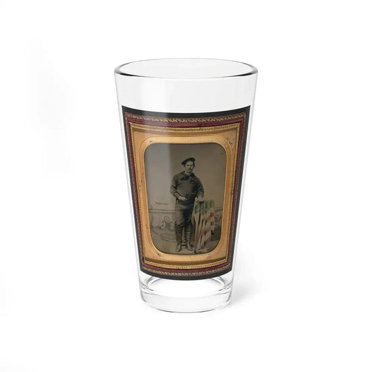 Unidentified Sailor In Union Uniform Resting Hand On American Flag-Draped Table In Front Of Painted Backdrop Showing Naval Scene (U.S. Civil War) Pint Glass 16oz 16oz - Go Mug Yourself