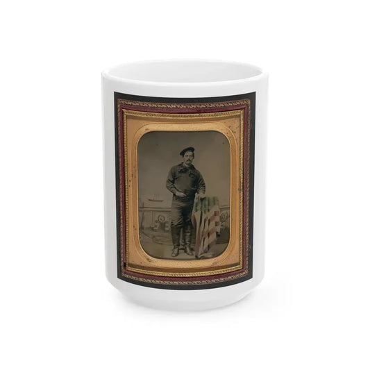 Unidentified Sailor In Union Uniform Resting Hand On American Flag-Draped Table In Front Of Painted Backdrop Showing Naval Scene (U.S. Civil War) White Coffee Mug 15oz - Go Mug Yourself