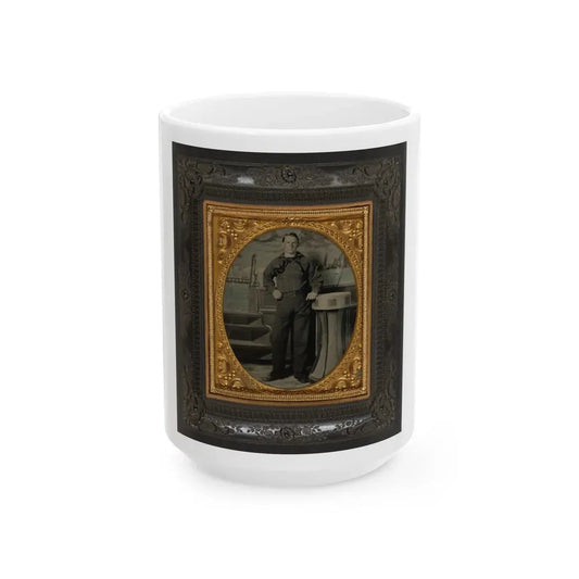 Unidentified Sailor In Union Uniform Standing In Front Of Painted Backdrop Showing Naval Scene (U.S. Civil War) White Coffee Mug 15oz - Go Mug Yourself