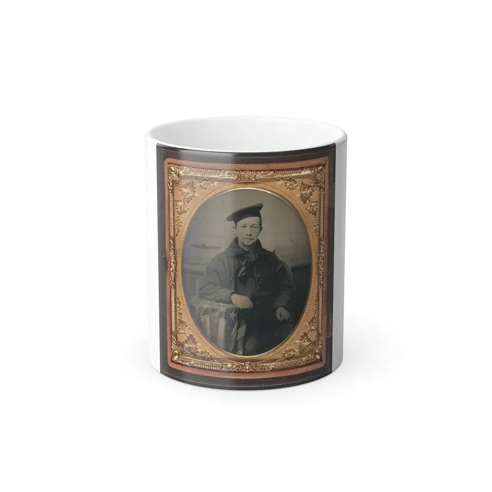 Unidentified Sailor in Union Uniform With an American Flag-Draped Table in Front of Painted Backdrop Showing a Water Scene (U.S. Civil War) Color Changing Coffee Mug 11oz-11oz-Go Mug Yourself
