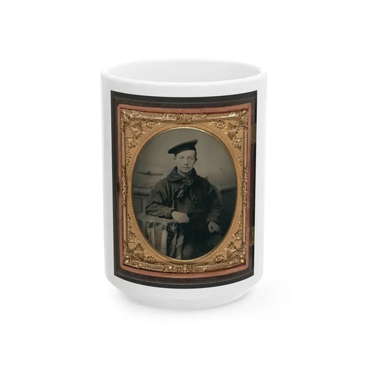 Unidentified Sailor In Union Uniform With An American Flag-Draped Table In Front Of Painted Backdrop Showing A Water Scene (U.S. Civil War) White Coffee Mug 15oz - Go Mug Yourself