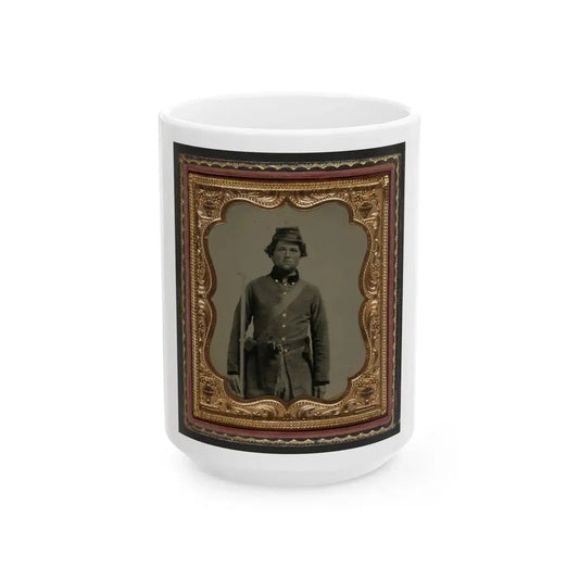 Unidentified Soldier In Confederate Frock Coat And Forage Cap With Cap Box, Bayoneted Musket, And Holstered Revolver (U.S. Civil War) White Coffee Mug 15oz - Go Mug Yourself