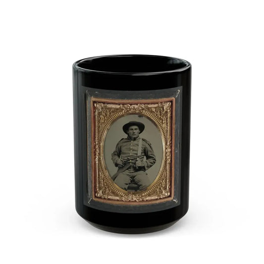 Unidentified Soldier In Confederate Frock Coat And Slouch Hat With Bowie Knife And Colt Army Model 1860 Revolver (U.S. Civil War) Black Coffee Mug 15oz - Go Mug Yourself