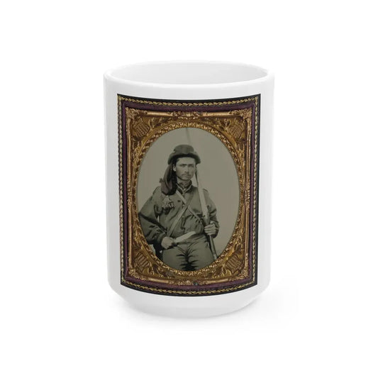Unidentified Soldier In Confederate Infantry Uniform With Musket And Bowie Knife (U.S. Civil War) White Coffee Mug 15oz - Go Mug Yourself