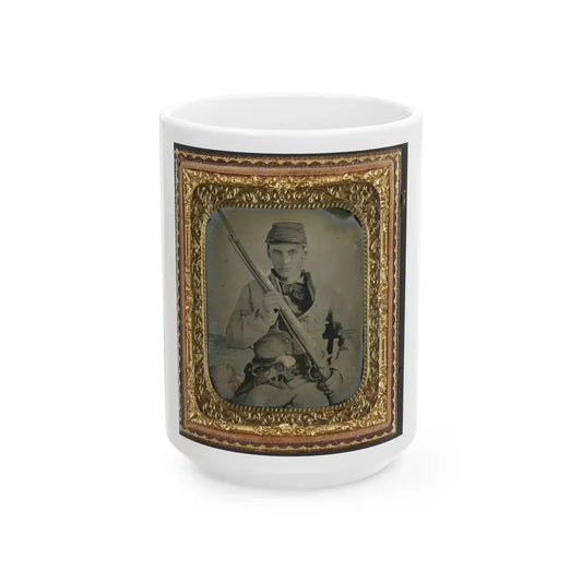 Unidentified Soldier In Confederate Infantry Uniform With Musket And Brass Framed Revolver (U.S. Civil War) White Coffee Mug 15oz - Go Mug Yourself