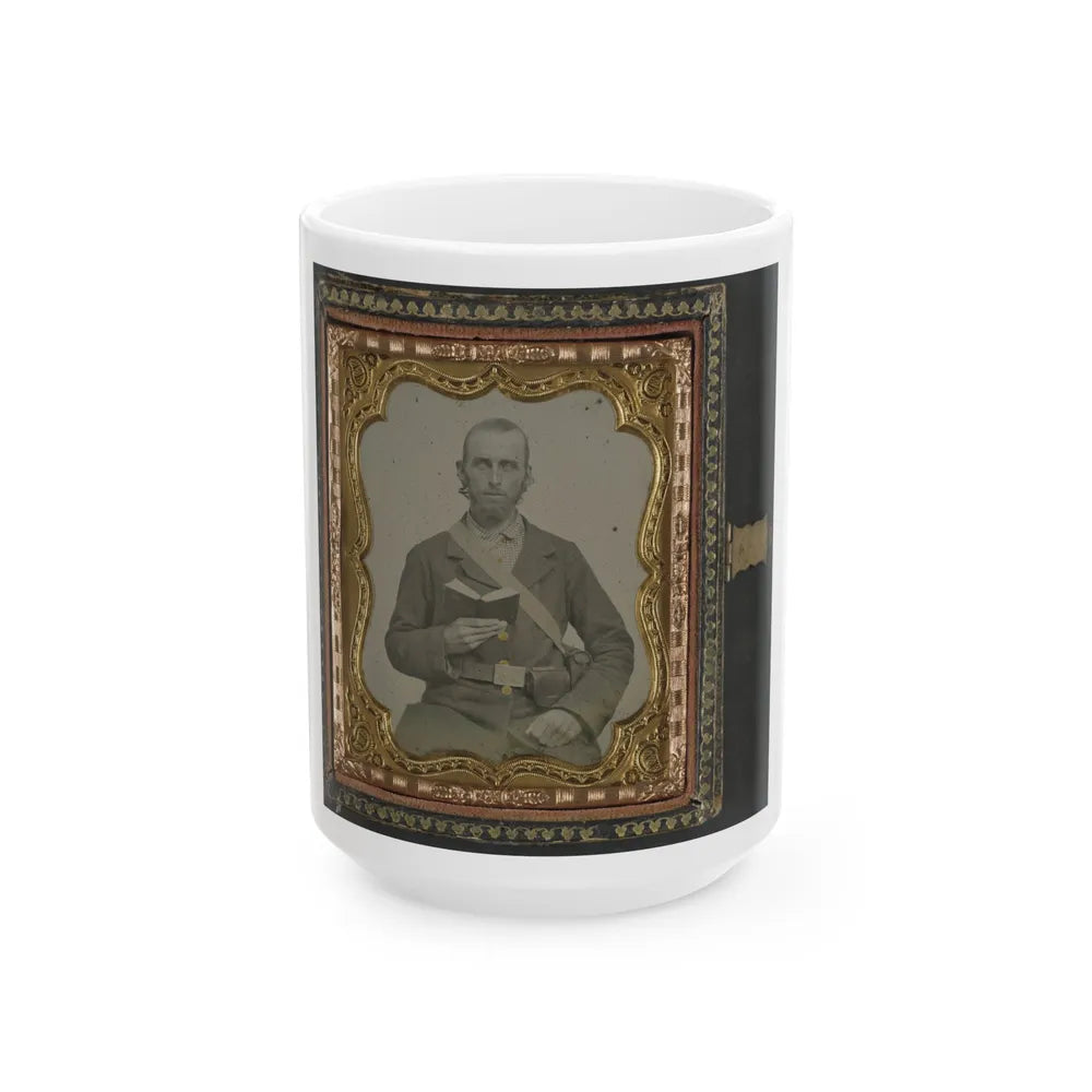 Unidentified Soldier In Confederate Uniform And C.S.A. Belt Buckle With Cartridge Box And Percussion Cap Box, Holding A Book (U.S. Civil War) White Coffee Mug-15oz-Go Mug Yourself