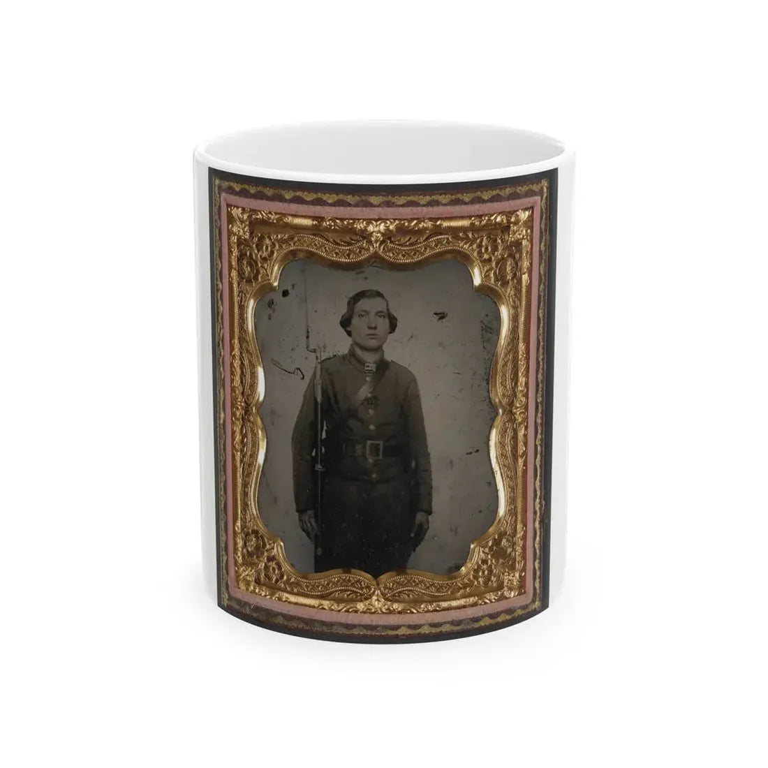 Unidentified Soldier In Confederate Uniform And Georgia Frame Belt Buckle With Bayoneted Musket (U.S. Civil War) White Coffee Mug 11oz - Go Mug Yourself