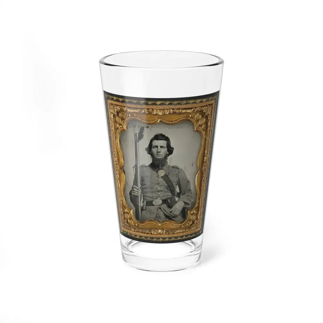 Unidentified Soldier In Confederate Uniform And Georgia State Seal Belt Buckle With Musket (U.S. Civil War) Pint Glass 16oz 16oz - Go Mug Yourself