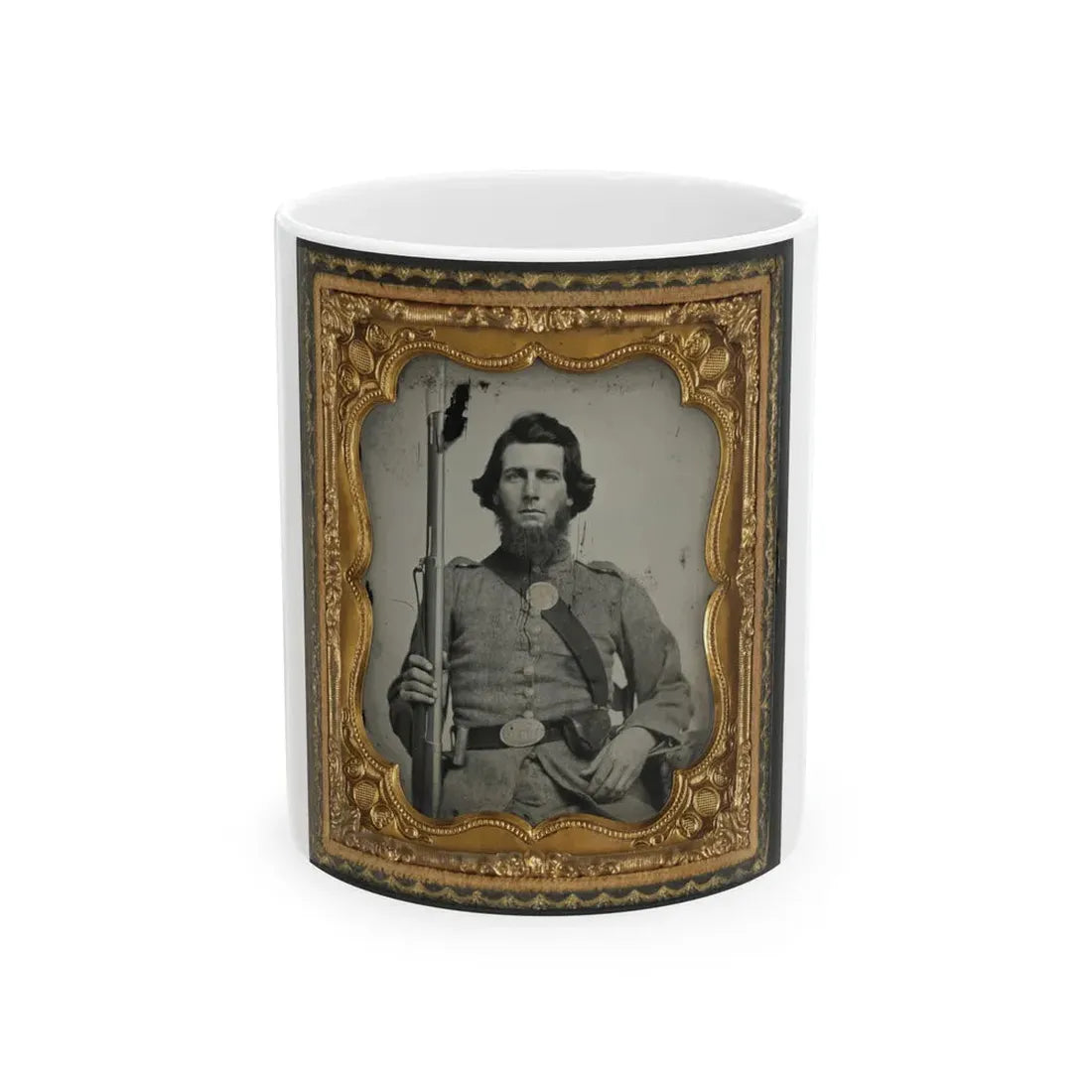 Unidentified Soldier In Confederate Uniform And Georgia State Seal Belt Buckle With Musket (U.S. Civil War) White Coffee Mug 11oz - Go Mug Yourself