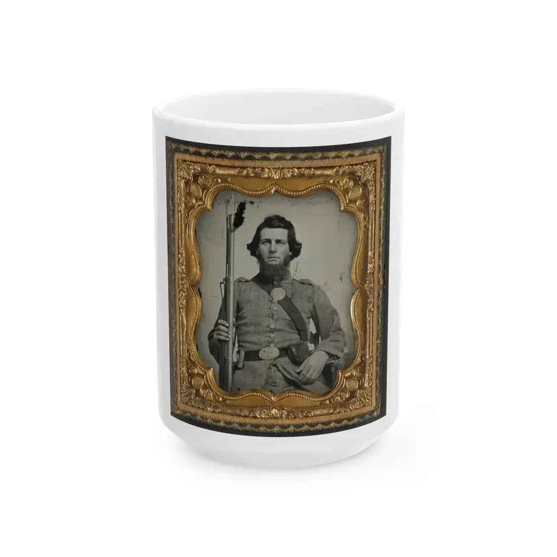 Unidentified Soldier In Confederate Uniform And Georgia State Seal Belt Buckle With Musket (U.S. Civil War) White Coffee Mug 15oz - Go Mug Yourself