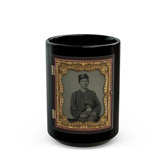 Unidentified Soldier In Confederate Uniform And Louisiana State Seal Belt Buckle And Oilcloth Cover On Kepi (U.S. Civil War) Black Coffee Mug 15oz - Go Mug Yourself