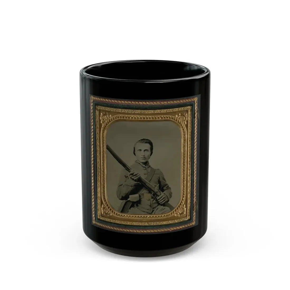 Unidentified Soldier In Confederate Uniform And Louisiana State Seal Belt Buckle With Musket (U.S. Civil War) Black Coffee Mug 15oz - Go Mug Yourself