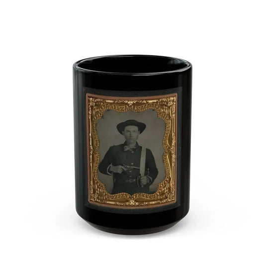 Unidentified Soldier In Confederate Uniform And Round Hat With Baby Colt Dragoon Revolver And D-Guard Bowie Knife (U.S. Civil War) Black Coffee Mug 15oz - Go Mug Yourself