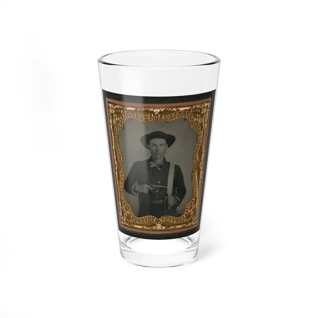 Unidentified Soldier In Confederate Uniform And Round Hat With Baby Colt Dragoon Revolver And D-Guard Bowie Knife (U.S. Civil War) Pint Glass 16oz 16oz - Go Mug Yourself