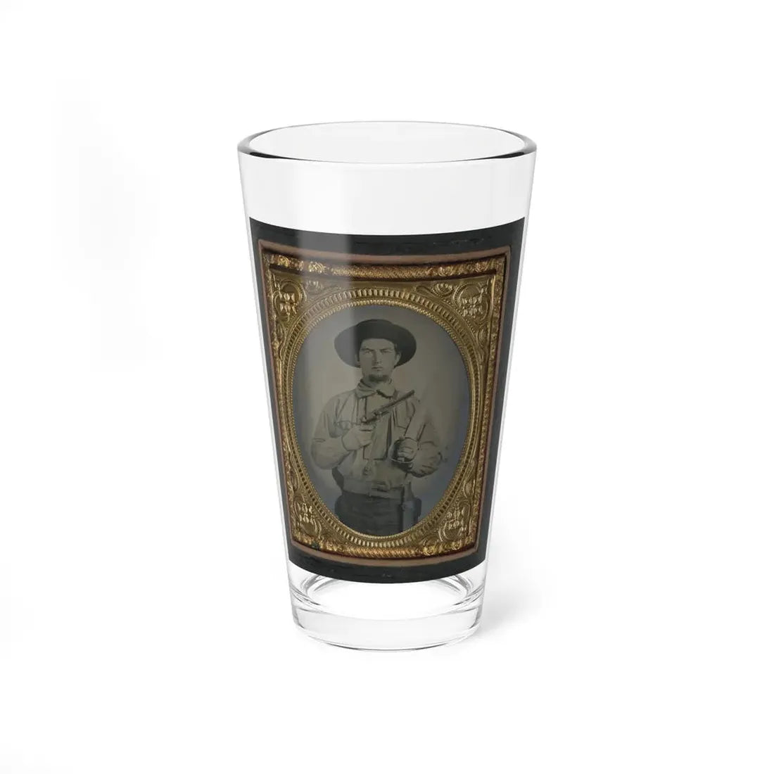 Unidentified Soldier In Confederate Uniform With Colt Navy Revolver And Double Handle D-Guard Bowie Knife (U.S. Civil War) Pint Glass 16oz 16oz - Go Mug Yourself