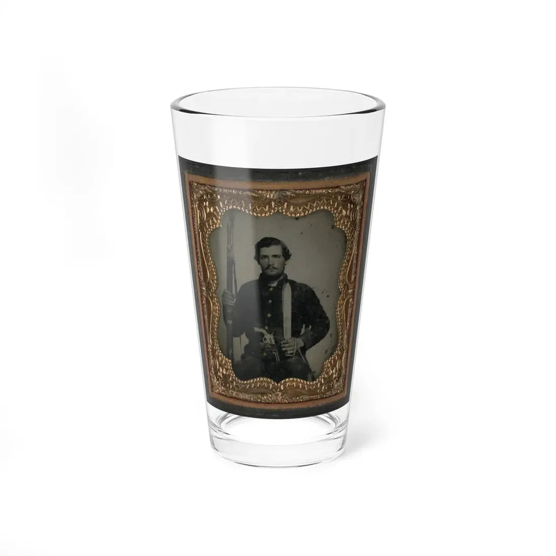 Unidentified Soldier In Confederate Uniform With Musket And Horstman & Sons Sword Bayonet, Pistol, And Bowie Knife (U.S. Civil War) Pint Glass 16oz 16oz - Go Mug Yourself