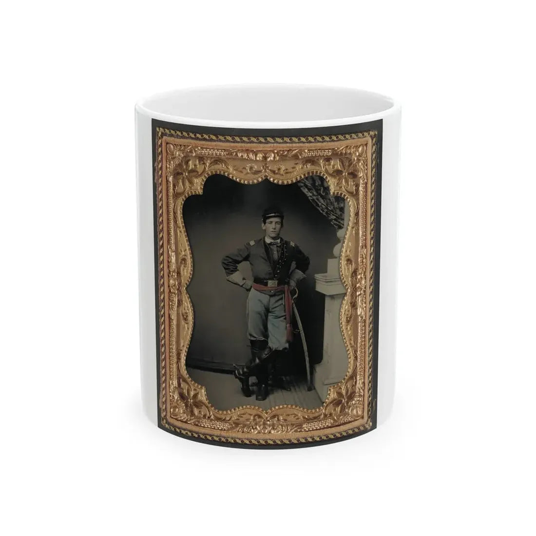 Unidentified Soldier In First Lieutenant's Uniform, Red Sash, Leather Gauntlets, And Spurs With Cavalry Sword (U.S. Civil War) White Coffee Mug 11oz - Go Mug Yourself